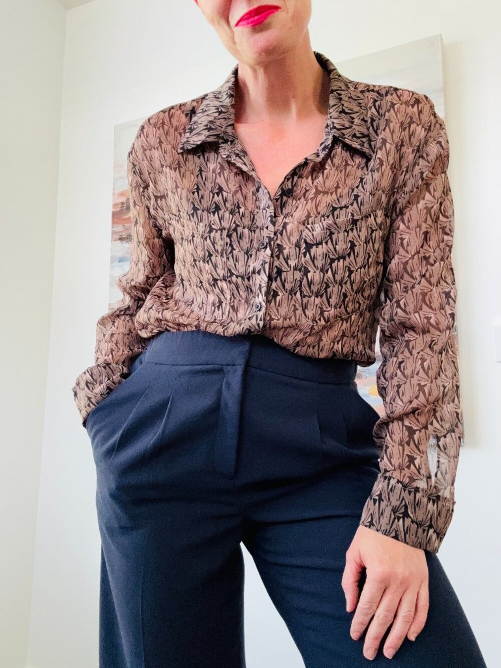 MASSIMO DUTTI Brown Mauve & Black Geometric Print V-Neck Blouse Top Small